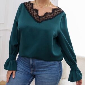 Lace Trim V-Neck Long Sleeve Top in Deep Teal
